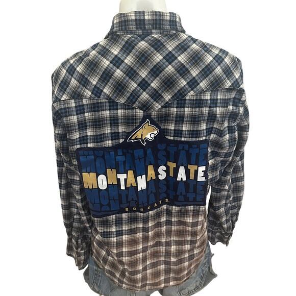 Montana State University Bobcats Plaid Flannel Button Down Shirt LARGE Football - Picture 1 of 7
